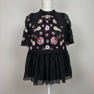 Kate Spade X Madison Avenue Top Womens XXS Black Sequin Floral Blouse